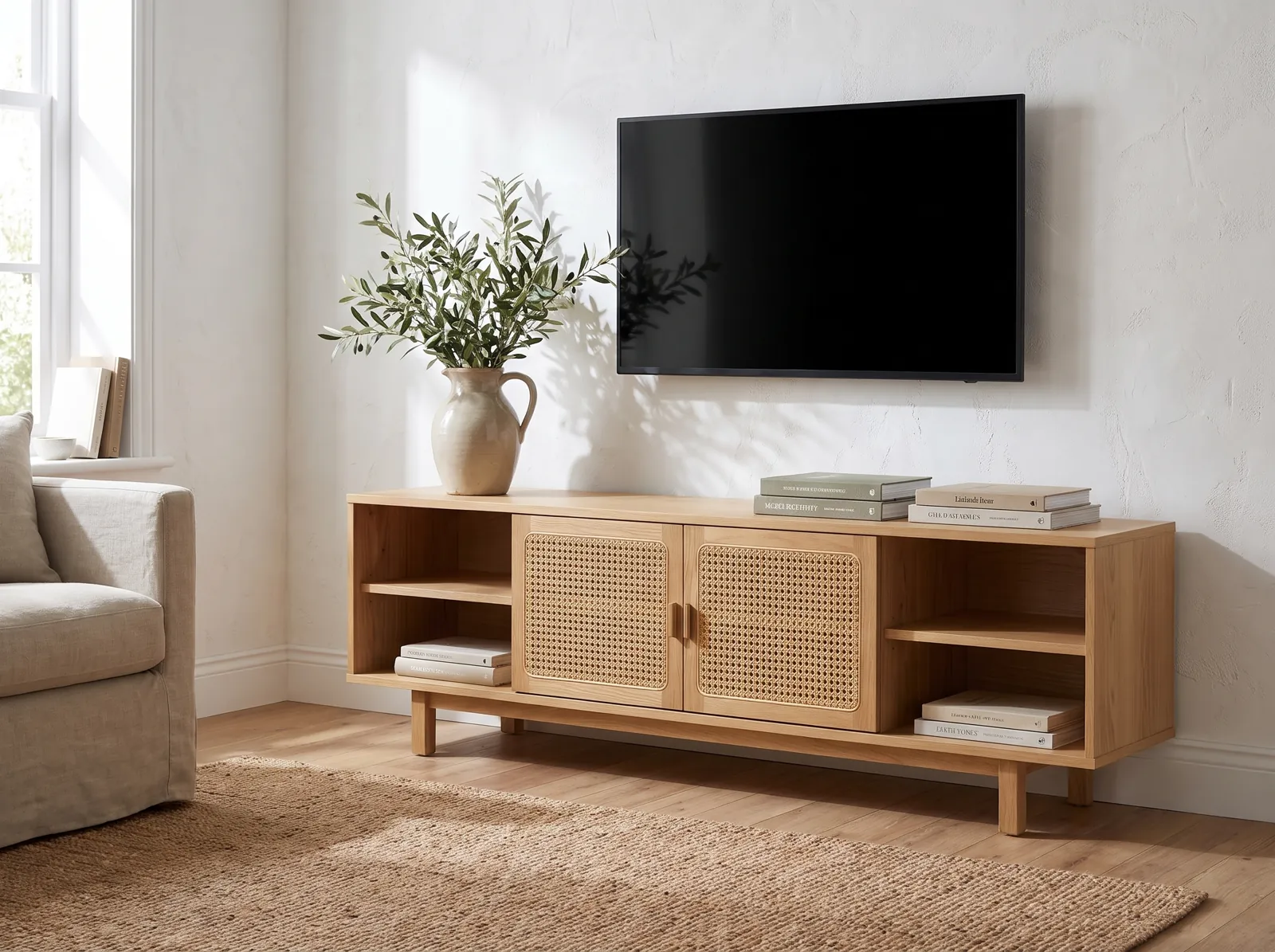 Masif meşe gövdeli Ege TV ünitesi, doğal hasır kapaklar ve açık raflarda seramik objeler
